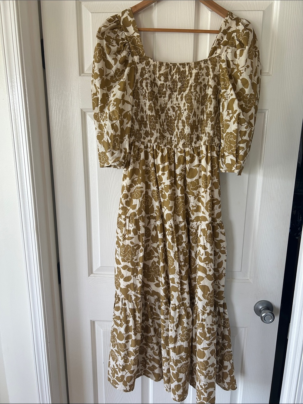Moon River Tan and Cream Floral Smocked Midi Dress